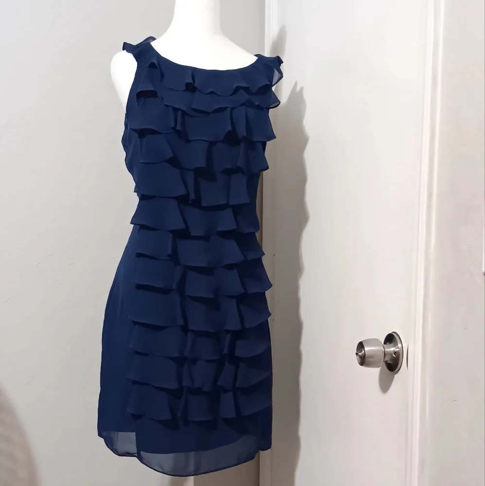 Adrianna Papell Women Ruffle Sleeveless Dress‎ Navy Blue Sz10
